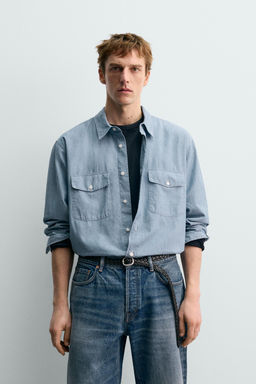 Рубашка Zara Aaron Levine x Zara CAMISA CHAMBRAY DENIM средне-синяя