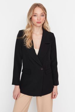 Siyah Regular Astarl? Kruvaze Kapama Dokuma Blazer Ceket TWOSS20CE0059