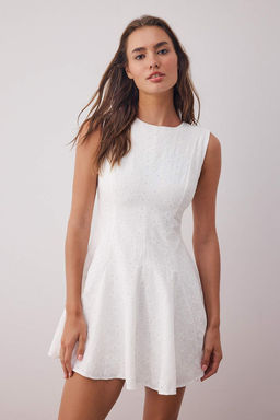 Etegi Belden Ac?lan Duz Ekru Brode Mini Dokuma Elbise TWOSS25EL00884 - Trendyolmilla фото 5