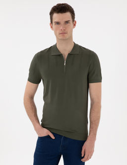 Haki Slim Fit Fermuarl_ Polo Yaka Triko Ti__rt