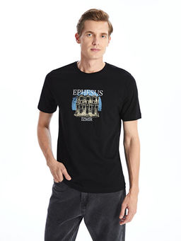 Bisiklet Yaka K?sa Kollu Bask?l? Penye Erkek Ti??rt