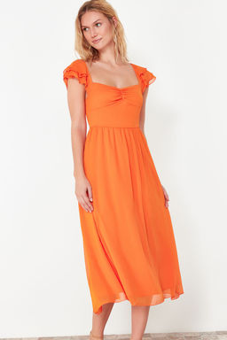 Turuncu Belden Ac?lan Sifon Astarl? Midi Dokuma Elbise TWOSS24EL00541