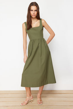 Haki Belden Ac?lan Midi Korse Dikis Detayl? Midi Dokuma Elbise TWOSS24EL00038