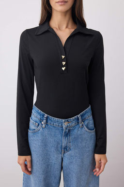 Siyah Fitted/Vucuda Oturan Polo Yaka Patl? C?tc?tl? Esnek Orme Body TWOAW26BD00009