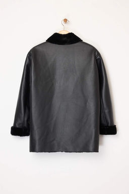 Siyah Suni Deri Ici Kurklu Mono Kapama Oversize Midi Kaban TWOAW26KB00007 - Trendyolmilla фото 9