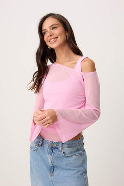 Ac?k Pembe Fitted/Vucuda Oturan Asimetrik Yaka Cift Gorunumlu Buzgulu Tul Orme Bluz TWOSS26BZ00071