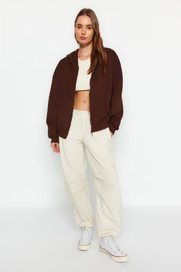 Kahverengi Oversize/Rahat Kesim Basic Kapusonlu Kal?n Ici Polarl? Orme Sweatshirt TWOAW24SW00188
