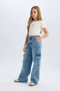 K?z Cocuk Wide Leg Kargo Genis Bol Paca Pamuklu Jean Pantolon