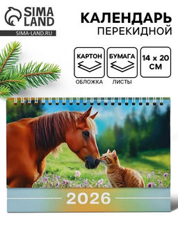 Цена за 2 шт. Календарь 2026 настольный, домик «Лошадь с котом» 14×20 см