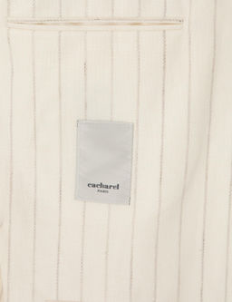 Ekru Slim Fit Y_n Keten Kar___ml_ _izgili K_rlang__ Yaka Ceket