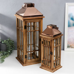 Деревянный подсвечник-фонарь на 1 свечу «Витраж», корица и медь набор 2 шт. 41.5×15.5×15.5, 58×22×22 см