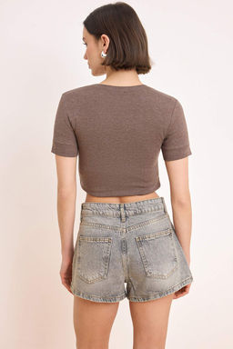 Gri Yuksek Bel Mini Denim Sort TWOSS24SR00174