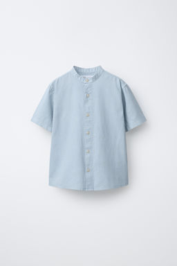 CAMISA CUELLO MAO CON ALGOD?N Y LINO / Celeste