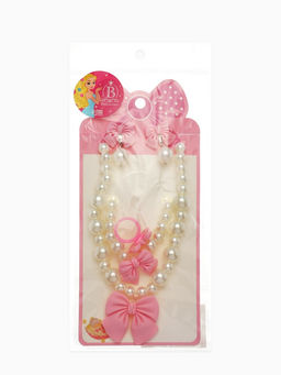 Набор детских украшений Выбражулька Бант, 4 предмета: кулон, браслет d=6 см кольцо, клипсы, бело-розовый  фото 9