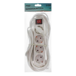 Удлинитель Luazon Lighting, 4 розетки, 5 м, 6 А, 1300 Вт, 3×0.75 мм2, с заземлением, с выключателем, белый