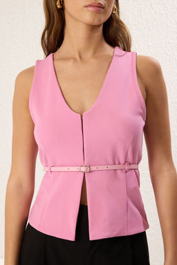 Pembe Fitted/Vucuda Oturan Kemerli Krep Orme Bluz TWOSS25BZ00050 - Trendyolmilla фото 3