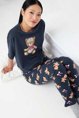 Bej-Cok Renkli Pamuklu Ay?c?k Bask?l? Likral? Orme Pijama Tak?m? THMAW26PT00076