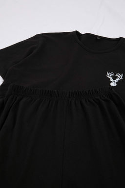 Siyah Regular Fit Bask?l? K?sa Kol Orme Pijama Tak?m? TMNSS25PT00040