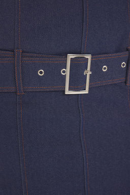 Trendyolmilla Indigo Boyundan Baglamal? Kemerli Bodycone/Vucuda Oturan Mini Orme Elbise TWOSS25EL00683