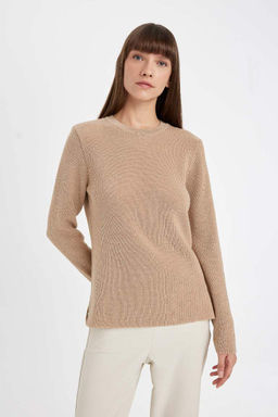 Женский свитер-туника из блестящей ткани обычного кроя с круглым вырезом - Defacto фото 3