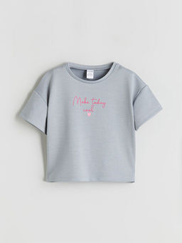 Bisiklet Yaka Bask?l? K?z ?ocuk Ti??rt ve Pantolon 2li