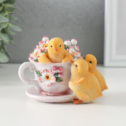 Фигурка полистоун Цыплята с чашкой на блюдце с цветами, 11?8.5?7.5 см