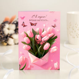 Открытка 4 шоколадки С 8 марта! (тюльпаны розовая)