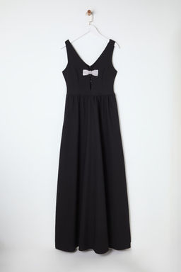 Siyah Fiyonk Detayl? Dokuma S?k Uzun Abiye & Mezuniyet Elbise TPRAW25AE00009