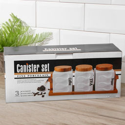 Банки для хранения сыпучих на деревянной подставке «Эстет. Волны», 3 предмета: 900 мл, 12×14.5 см, керамические, белые