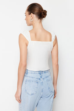 Ekru Fitted/Vucuda Oturan Pamuklu Crop Dokuma Bluz TWOSS24BZ00317 - Trendyolmilla фото 5