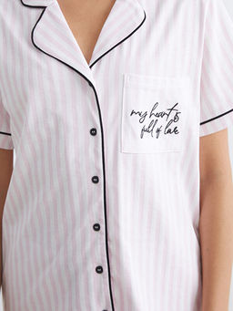 G?mlek Yaka ?izgili Kad?n Pijama Tak?m