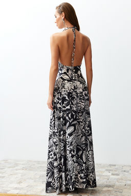 Cok Renkli Cicek Desenli Degaje Yaka Dokuma Saten Uzun Gece Abiye Elbise TPRSS24AE00002 - Trendyolmilla фото 6