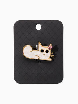 Брошь перламутровый "Котёнок" с цветочком, цвет белый в золоте