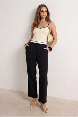 Siyah Wide Leg/Geni_ Pa_a Y_ksek Bel Kemer Detayl_ Dokuma Kuma_ Pantolon TWOSS23PL00150 Palazzo