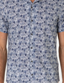 Lacivert Regular Fit Keten Kar___ml_ Desenli K_sa Kollu G_mlek