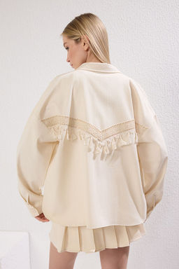 Bej S?rt? Dantel Detayl? Cepli Regular Gabardin Ceket TWOSS25CE00036