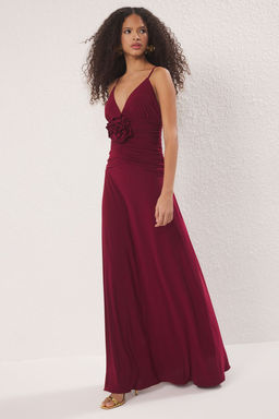 Bordo Gul Detayl? Orme Maxi S?k Abiye Gece Mezuniyet Elbisesi TPRSS25AE00180
