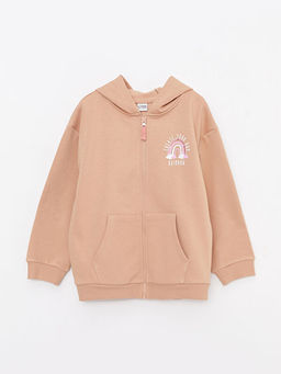 Kap??onlu Bask?l? Uzun Kollu K?z ?ocuk Fermuarl? Sweatshirt