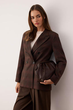 Kahverengi Ekoseli/Kareli Normal Kal?p Kruvaze Kapama Dokuma Blazer Ceket TWOAW26BC00061