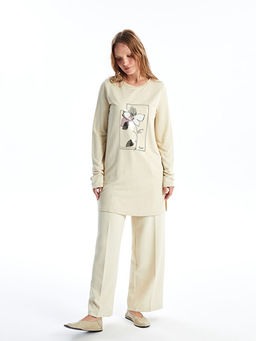 Bisiklet Yaka Bask?l? Kad?n Sweatshirt Tunik