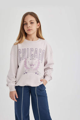 Толстовка большого размера с круглым вырезом NBA Chicago Bulls для девочек - Defacto фото 4