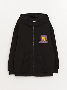 Kap??onlu Bask?l? Uzun Kollu K?z ?ocuk Fermuarl? Sweatshirt