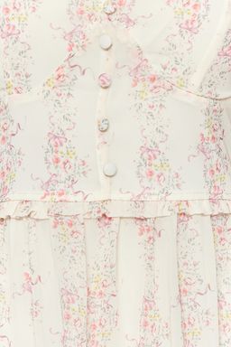 TRENDYOLMILLA Ekru Cicek Desenli Belden Ac?lan V Yaka Mini Astarl? Sifon Dokuma Elbise TWOSS23EL01782  фото 4