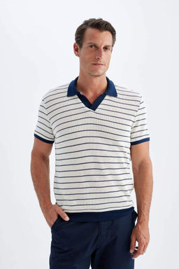 Полосатая трикотажная футболка-поло обычного кроя с короткими рукавами - Defacto фото 3
