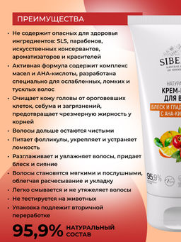 Крем-маска "Блеск и гладкость волос с АНА-кислотами" 150 мл SIBERINA