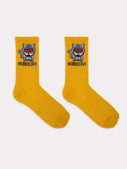 Цена за 5 пар! Носки мужские в желтом цвете и рисунком в виде надписи ROBOCAT горчичный 107K-2264 - Mark formelle фото 3