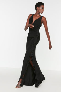 TRENDYOLMILLA Bordo Vucuda Oturan Astarl? Volanl? Orme Uzun S?k Abiye Elbise TPRSS19UT0026  фото 18