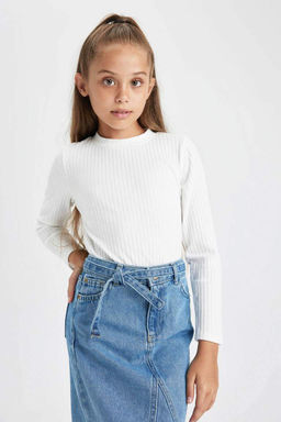 Облегающая футболка в рубчик с длинными рукавами для девочек - Defacto фото 3