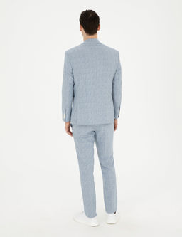 A__k Mavi Slim Fit Keten Kar___ml_ _izgili Tak_m Elbise