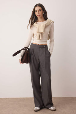 Gri Wide Leg/Genis Paca Yuksek Bel Dokuma Pantolon TWOAW26PL00036